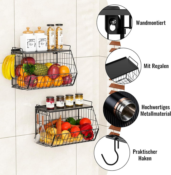 YSD 2-Etagen Metall Obstkorb Hängend, Wand Regal Küche, Gemüseregal - Stapelbarer Küchenorganizer fü