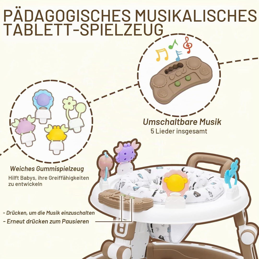 Baby Lauflernhilfe 5in1 mit Musikspielzeug, Fussstütze, 360-Grad-Stummschaltung, 6 Räder, 360° Rotat