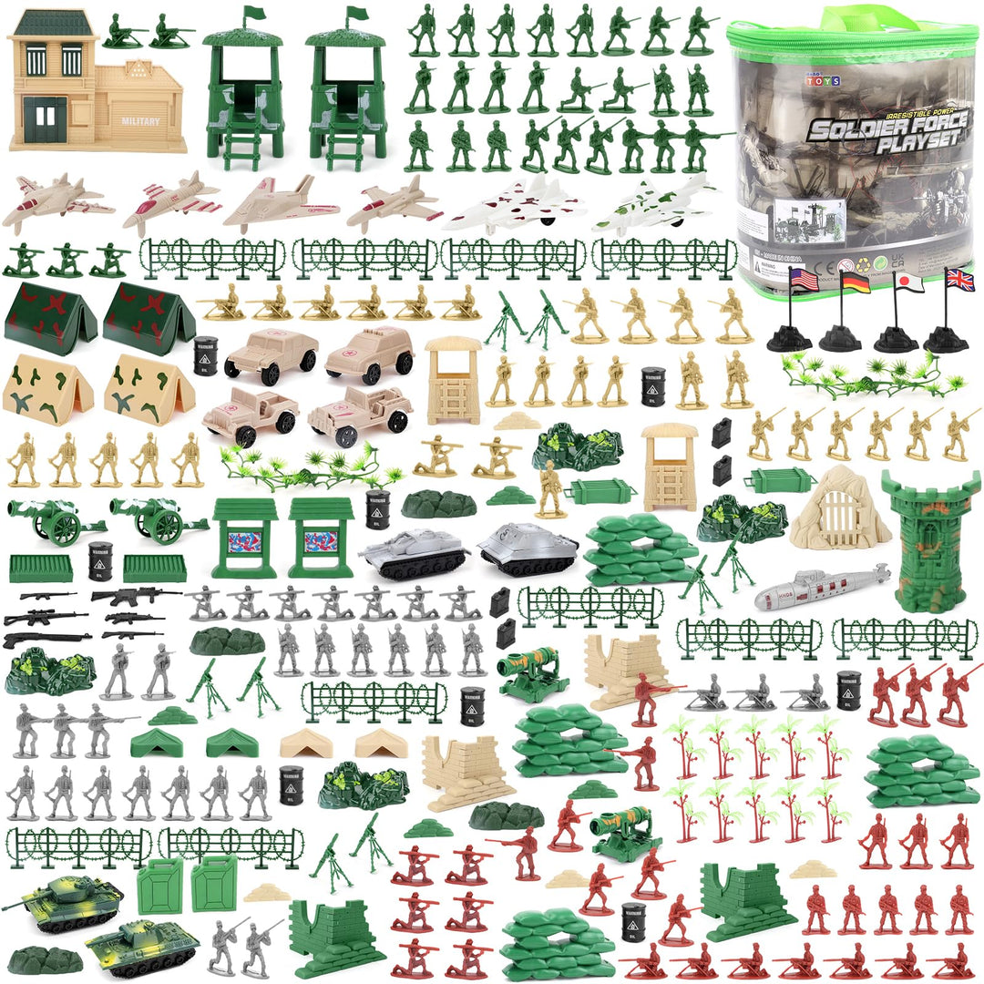 deAO 303 Militär Spielset mit Soldaten, Militärfiguren, Tanks, Flugzeugen, Flaggen, Aufbewahrungstas