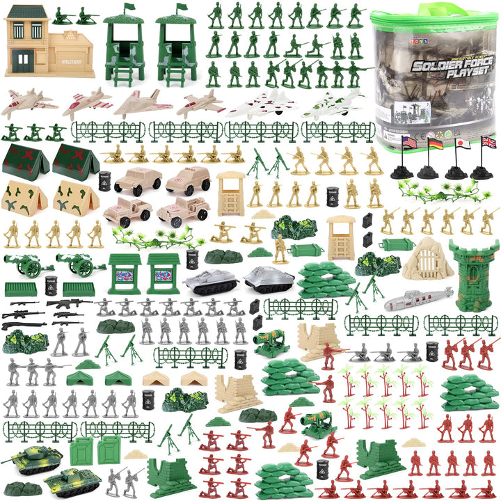 deAO 303 Militär Spielset mit Soldaten, Militärfiguren, Tanks, Flugzeugen, Flaggen, Aufbewahrungstas