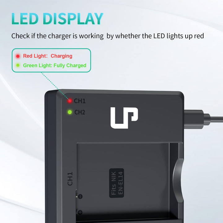 LP EN-EL14 EN EL14a Akku-Ladegerät-Set, 2er-Pack 1600mAh Akku &amp; Dual-Slot-Ladegerät, kompatibel mit