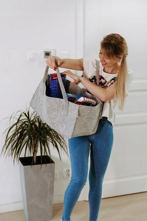2 Stück Filztaschen Hellgrau Einkaufstasche Kaminholztasche Kaminholzkorb Filz Zeitungsständer Zeitu