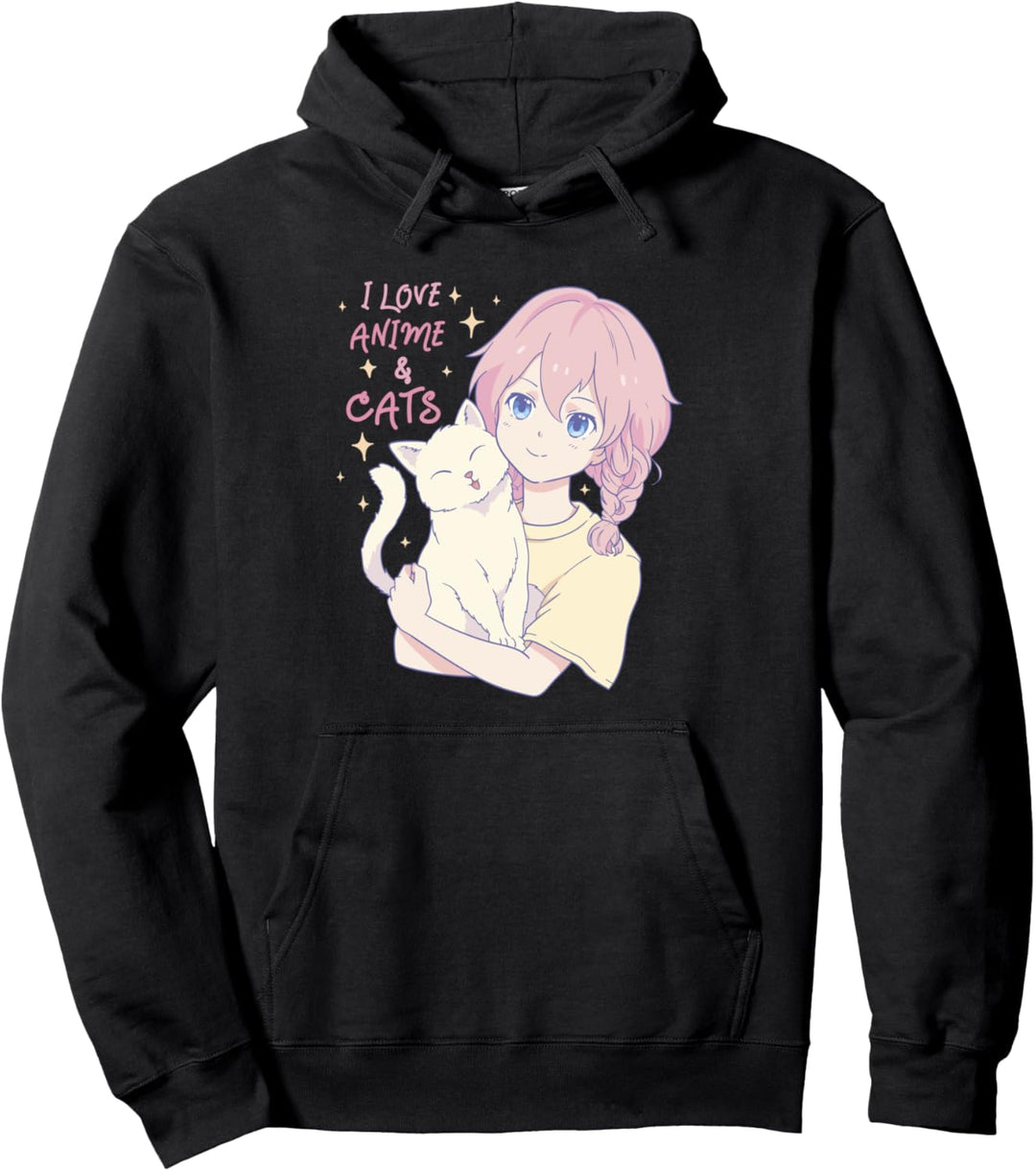 I Love Anime and Cats Cute Girl Pink Hair and Pet Grafik Pullover Hoodie