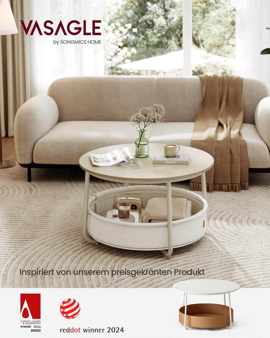 VASAGLE Couchtisch rund, Tisch mit Stauraum, Beistelltisch, Wohnzimmertisch mit Korb aus Stoff, mode