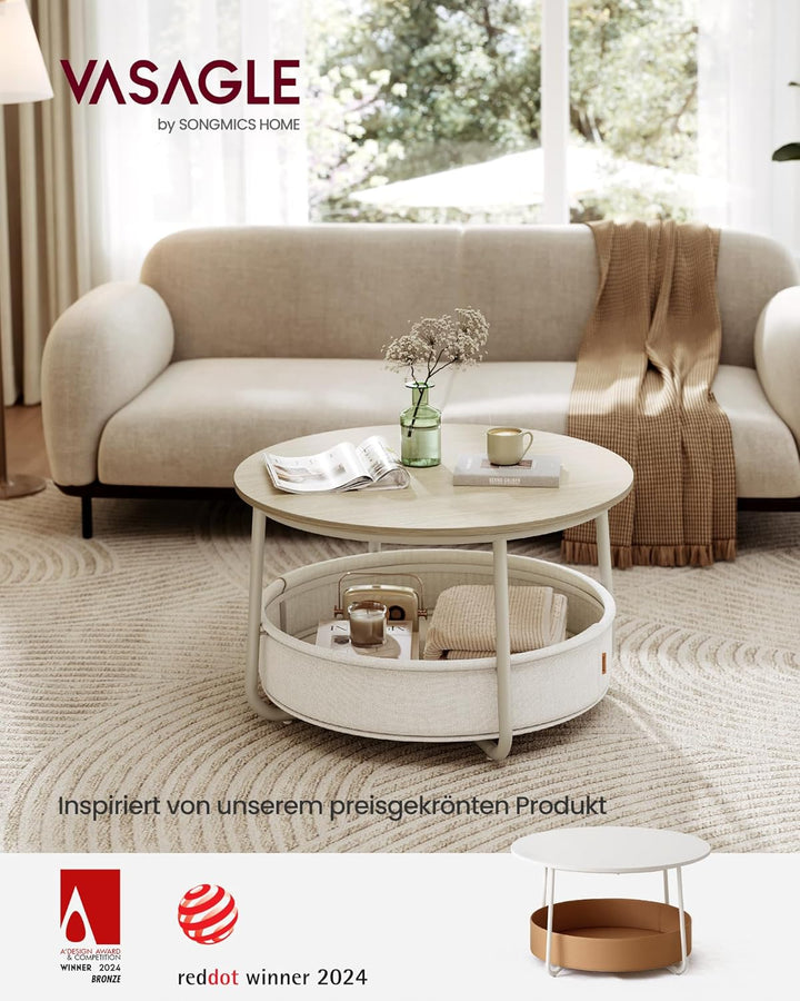 VASAGLE Couchtisch rund, Tisch mit Stauraum, Beistelltisch, Wohnzimmertisch mit Korb aus Stoff, mode