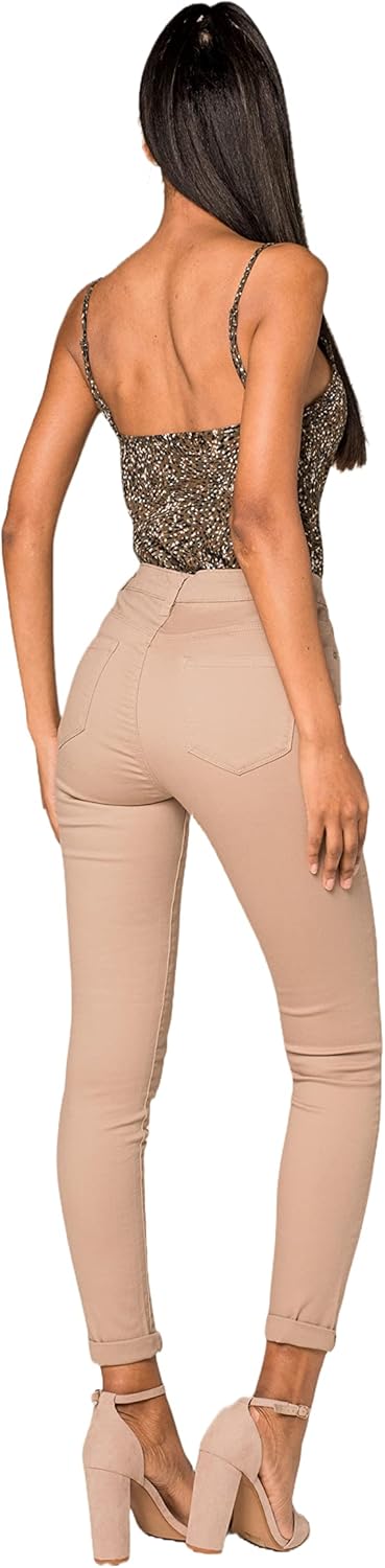 Nina Carter P109 Damen Skinny Fit Jeans High Waist Slim Hose Figurbetonte Stretch Jeanshose M Taupe