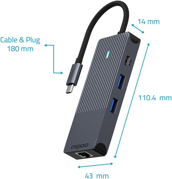 Rapoo UCM-2004 USB-C Multiport Adapter 8-in-1, 100W Power Delievery, 4k HDMI, 1 Gbps LAN, 1 USB-C un