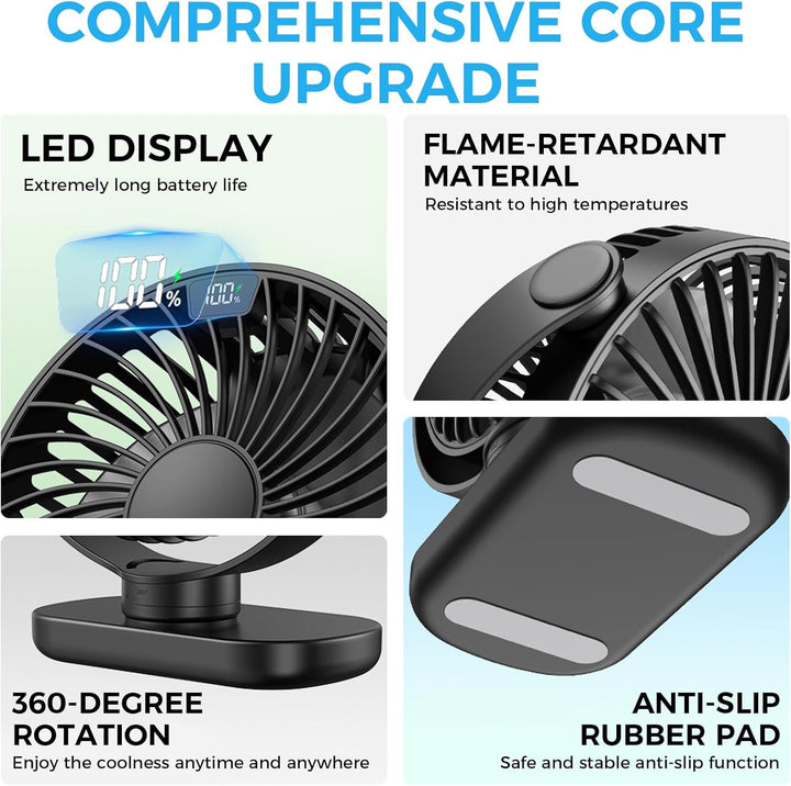 Schreibtischventilator, USB, 4 Geschwindigkeitsstufen, super leise, LED-Anzeige, 5000 mAh, Akku, Sch