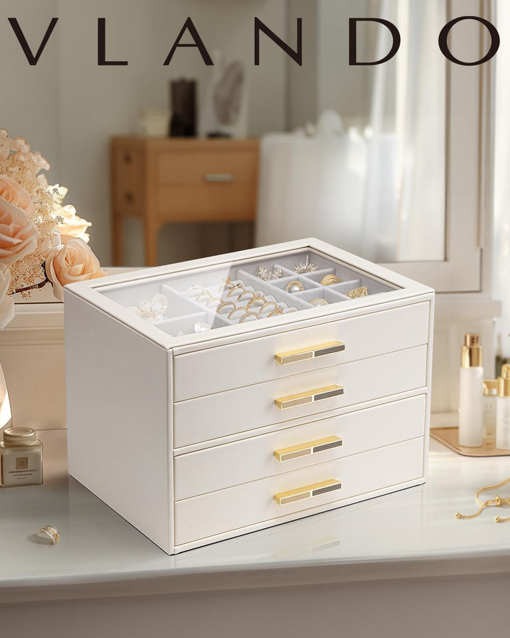 VLANDO Schmuckkästchen Gross, Schmuckkasten mit 4 Ebenen, Schmuck Organizer mit Glasdeckel, 4 Schubl