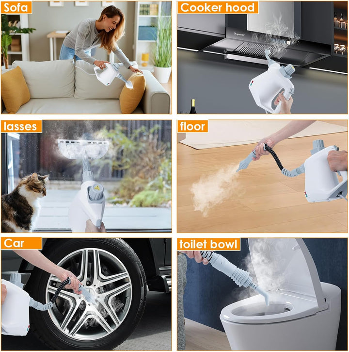 Dampfreiniger Hand, Elektrischer Dampfreiniger Handgerät mit 10 Zubehör, 3,2 Bar & 1000W Dampfreinig