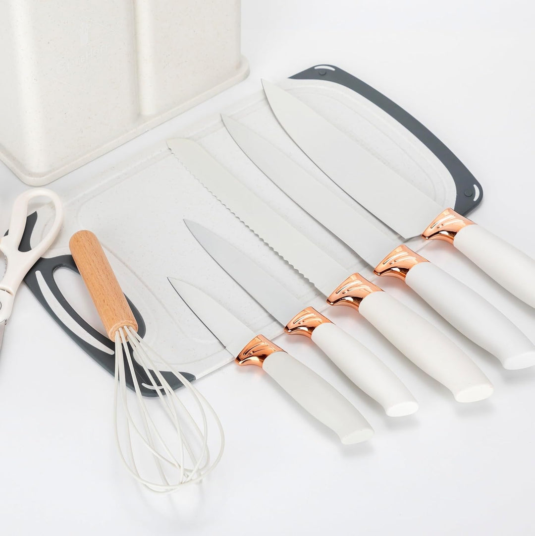 EliteHoff Küchenmesser-Set 19-teilig – Silikon-Küchenutensilien-Set mit Holzgriffen, 5 Messer, 12 Ko