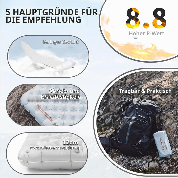 Naturehike Thermal Serie 8,8 R- Wert Camping Isomatte 4 Jahreszeiten Ultralight Selbstaufblasend Iso