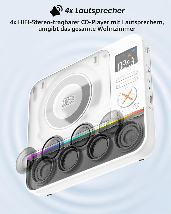 MONODEAL 2026 CD Player Tragbar mit RGB-Licht,HiFi-Stereoanlage Tragbarer CD Player Bluetooth, Wiede