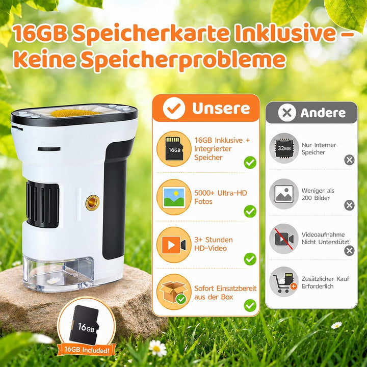 1000x Handy Mikroskop für Kinder, 1080P HD 2,0" IPS-Bildschirm, Taschenmikroskop mit Mini Tripod & 3