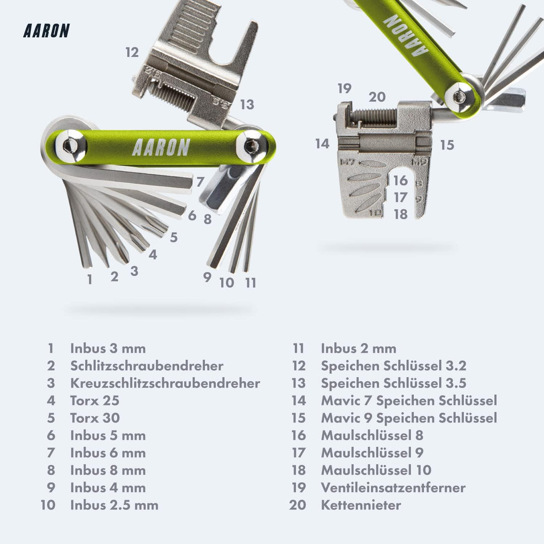 AARON Tool 20 in 1 Multitool - Fahrrad Multifunktionswerkzeug aus rostfreiem Stahl/Aluminium - faltb