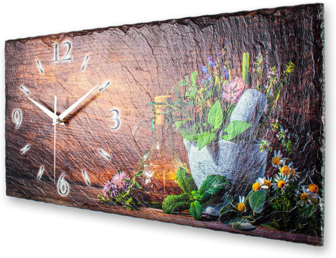 Designer-WANDUHR Kräuter aus Stein mit Zeigern aus gebürstetem Aluminium - Designeruhr aus Beton mit