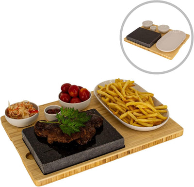 Lavastein Steakbrett, Servierplatte, Bambusbrett mit Hot Stone Grill, Steak Grillplatte, Steinplatte