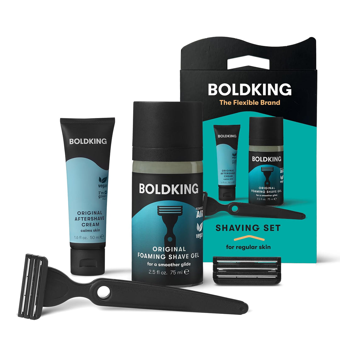 Boldking Bartpflege Set für Männer Regular - Rasierset mit Nassrasierer, 2 Stück Rasierklingen, Rasi