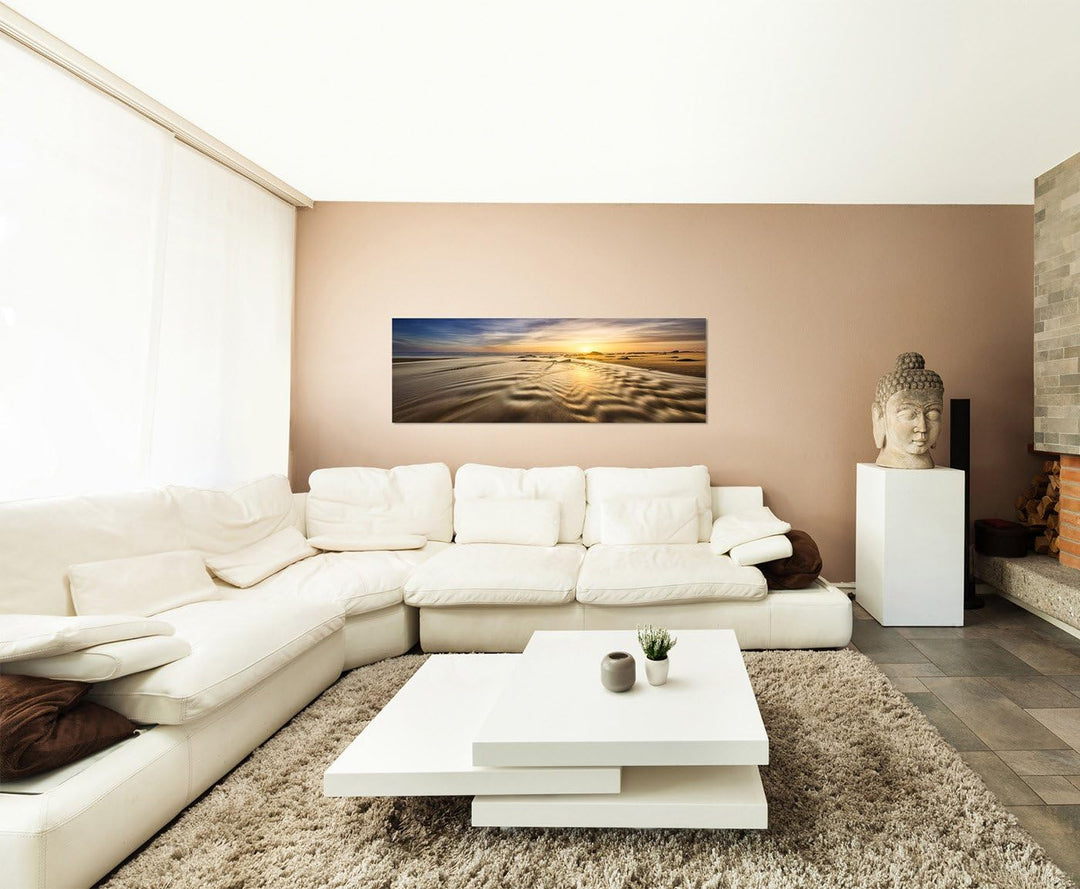 Paul Sinus Art Panoramabild auf Leinwand und Keilrahmen 150x50cm Meer Strand Wolken Sonnenaufgang