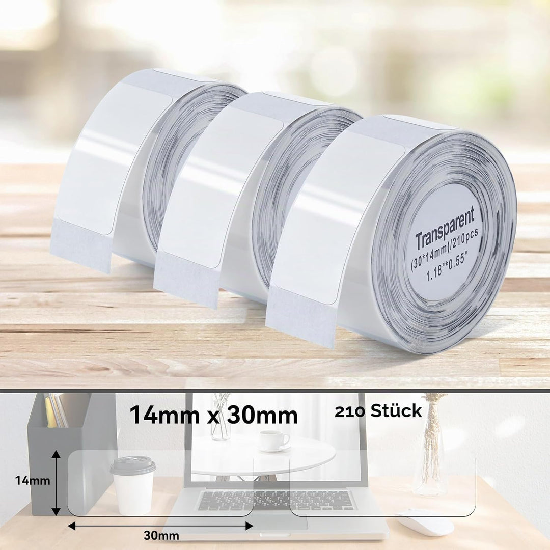 Pristar P15 Thermoband, 3 Rollen 14mm x 30mm, Transparent, 210 Etiketten/Rolle, Kompatibel mit P15 E