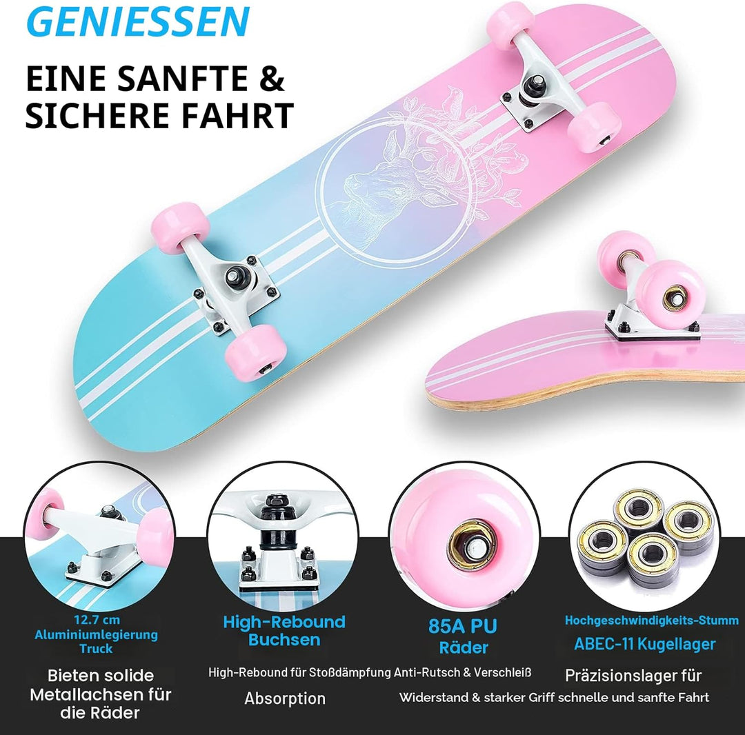 Skateboard, 31 x 8 Zoll komplettes Skateboard,8-lagiges Ahornholz, ABEC-11 Kugellager und 95A Rollen