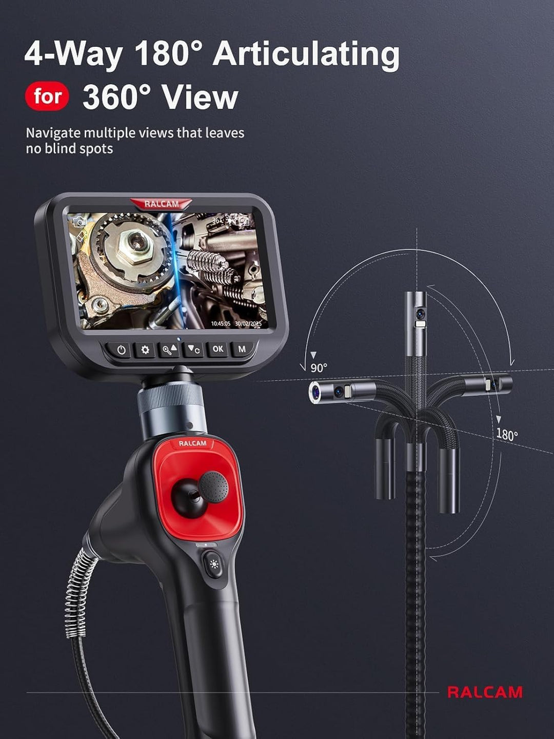 Ralcam Endoskopkamera mit Licht, Endoscope Camera mit 360° beweglichem Kopf, 6,5mm Dual-Sonde, 5" HD