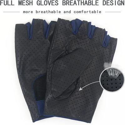 ZLUXURQ Herren-Lederhandschuhe Vollmaschige Fingerlose Halbfinger-Fahrhandschuhe Small-8.5" Schwarz