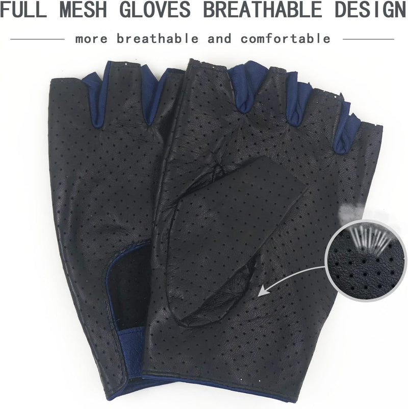 ZLUXURQ Herren-Lederhandschuhe Vollmaschige Fingerlose Halbfinger-Fahrhandschuhe Small-8.5" Schwarz