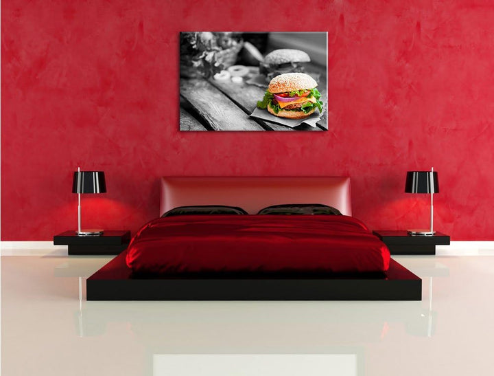 Pixxprint Leckere Burger als Leinwandbild/Grösse: 100x70 / Wandbild/Kunstdruck/fertig bespannt, 100x
