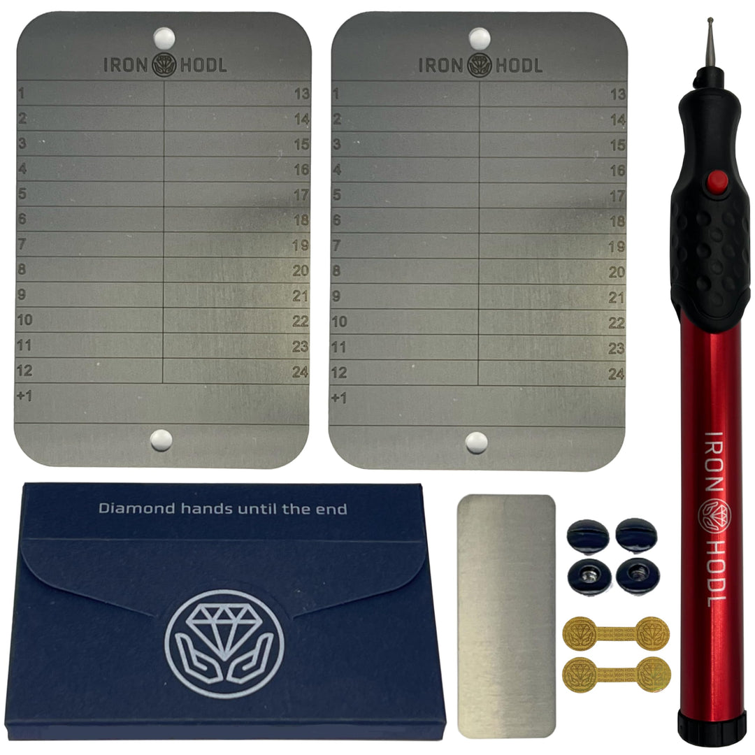 IRON HODL Steel Wallet + Gravierstift rot + Testplatte, Schrauben, Sticker, Box - (2x 24+1) Recovery