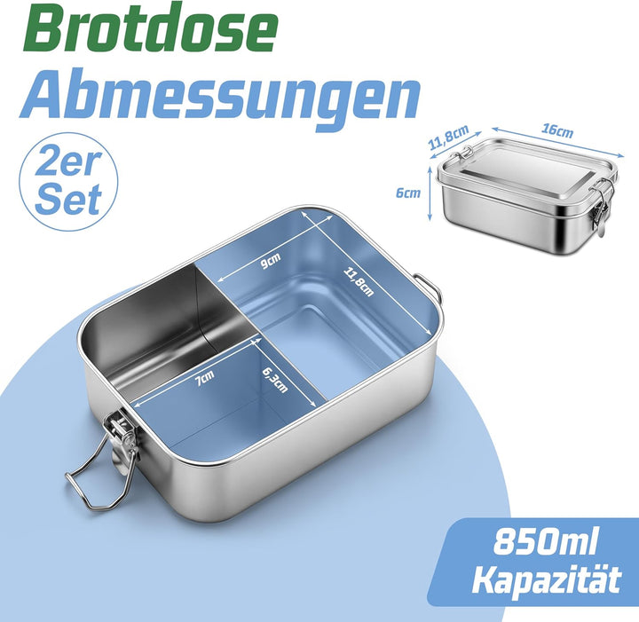 Homikit Brotdose mit Fächern 2er Set, 850ml Edelstahl Lunchbox Bento Box Erwachsene, Auslaufsicher M