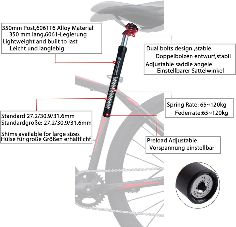 GANOPPER Sattelstütze Gefedert 27.2/28.6/30.0/30.4/31.6/33.9/34.9 350mm Alu Mit Konverter Für MTB BM