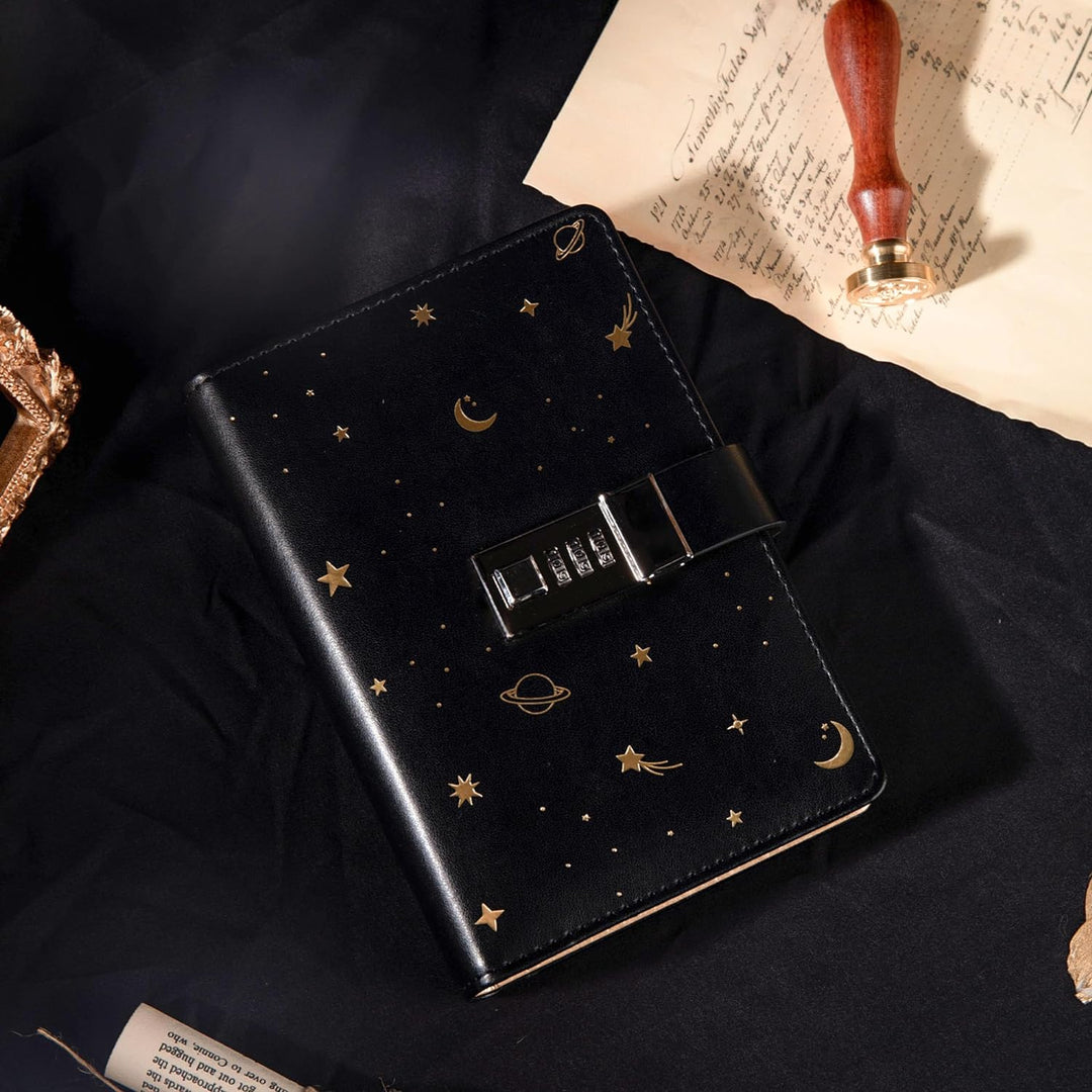 Starry Leder-Tagebuch mit Schloss, nachfüllbarer Papierbindung, Passwort-Tagebuch, geheimes A6 Schre