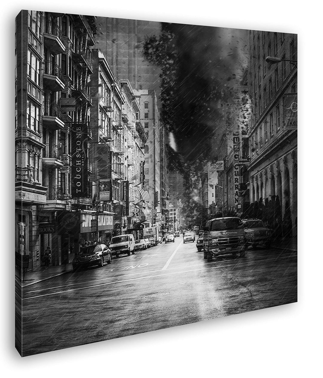Die aufbrausende Sturmnacht in der Stadt Format: 60x60 Effekt: Schwarz&amp;Weiss als Leinwandbild, Motiv