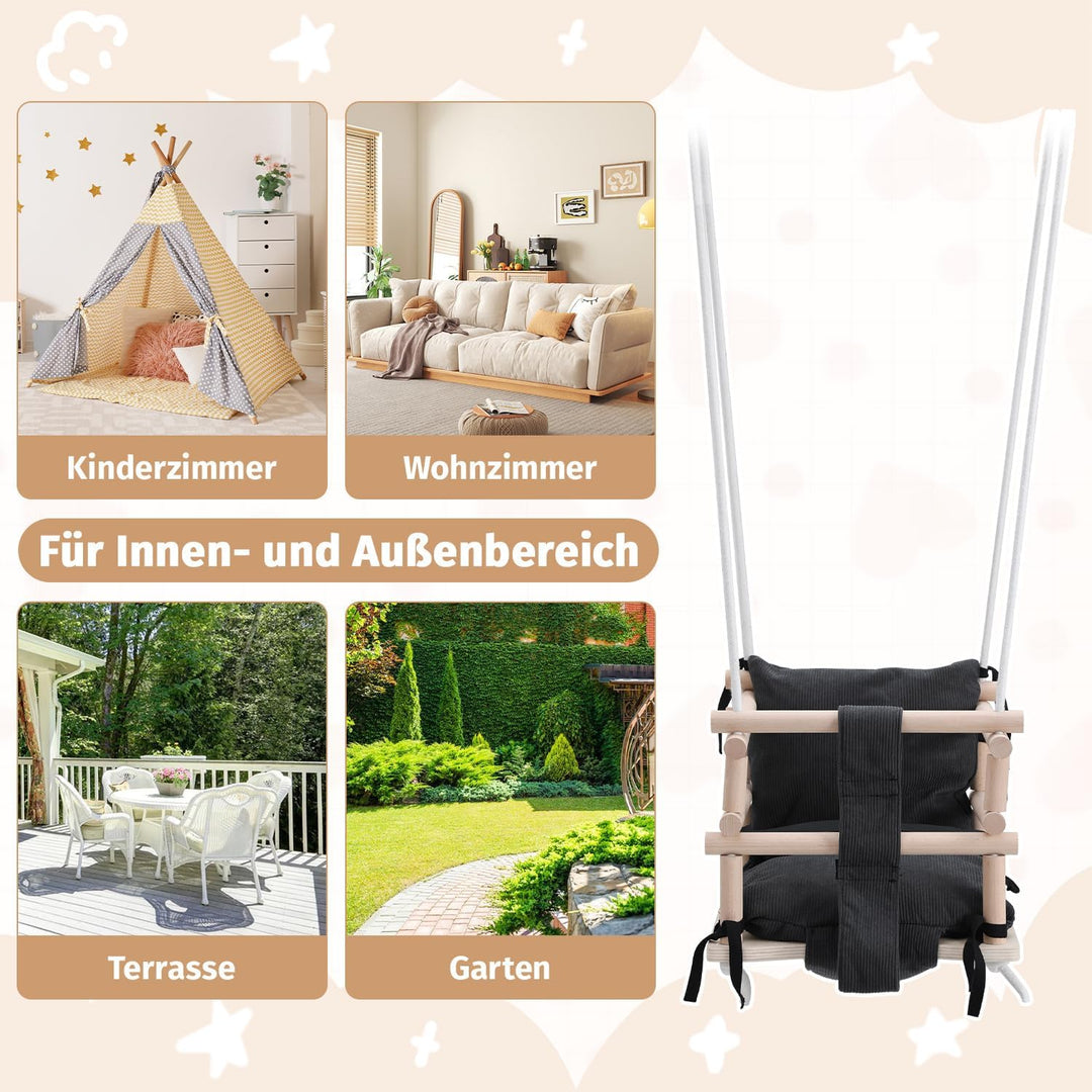 Babyschaukel Indoor &amp; Kinderschaukel Outdoor 3-in-1 aus Holz, Höhenverstellbar (160-260cm) mit Abneh