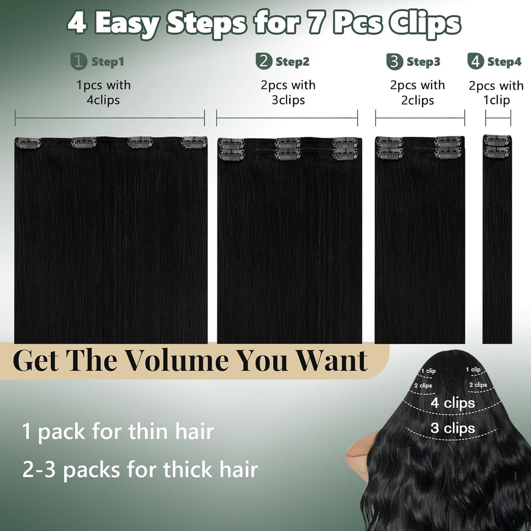 Ugeat Clip in Extensions Schwarz Echthaar Doppelt Tressen 105Gramm 55cm Extensions Echthaar mit Clip