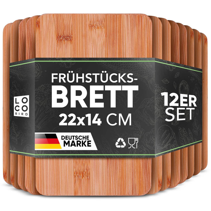 Loco Bird 12er Set Frühstücksbrettchen aus Bambus Holz - 22x14cm - Holzbrettchen für die Küche - Bre