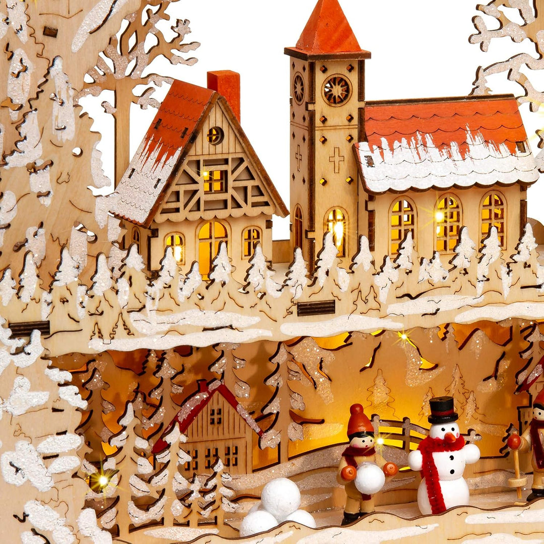 SIKORA LB08 Holz Schwibbogen beleuchteter LED Lichterbogen Motiv Winterdorf Dorfkirche Deko Weihnach
