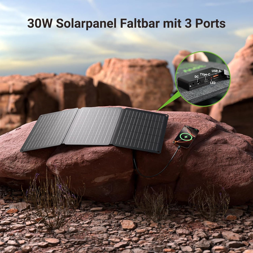 30W Solarpanel Faltbar, Tragbares Outdoor Solar Ladegerät IP67 Wasserdichtes mit 3 Anschlüsse (USB-C