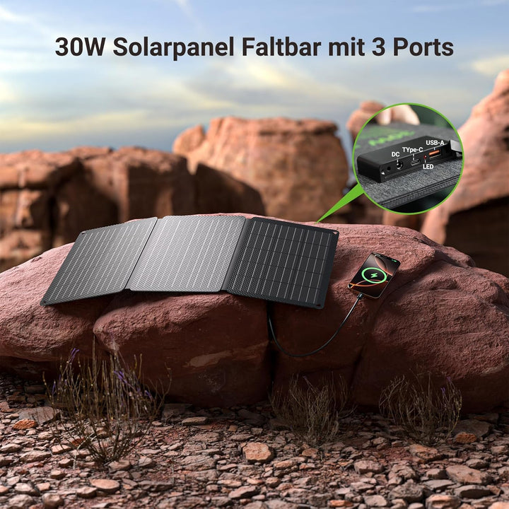 30W Solarpanel Faltbar, Tragbares Outdoor Solar Ladegerät IP67 Wasserdichtes mit 3 Anschlüsse (USB-C