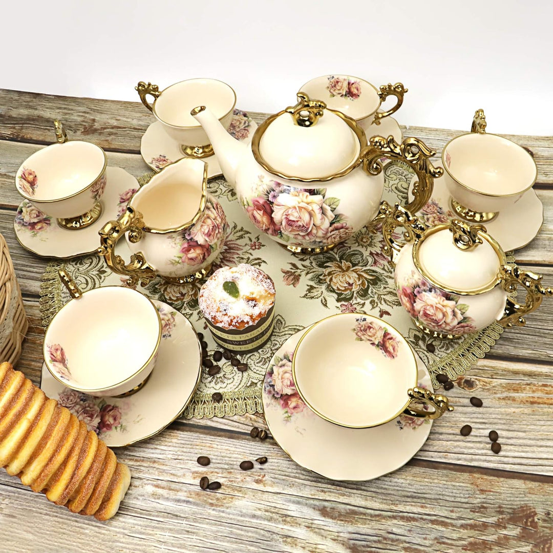 fanquare 15 Stück Rose Blumen Englische Keramik Tee Sets, Vintage China Kaffee Set, Tee Service für
