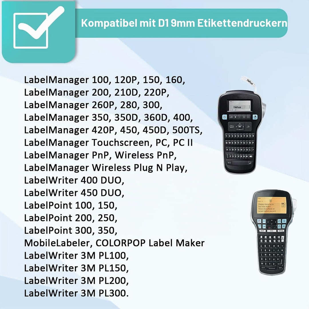 8x Hehua 40913 Etikettenband Ersatz für Dymo D1 9mm x 7m Schwarz auf Weiss | 40913s S0720680 Bänder