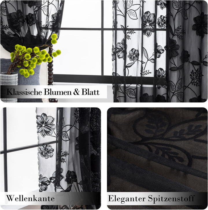 Treatmentex Spitze Vorhang Jacquard Gardinen mit Ösen Schwarze 3D Blumenmuster Halbtransparente Vorh