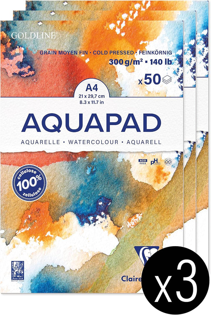 Clairefontaine 975721C - Packung mit 3 Aquarellblöcken Goldline Aquapad A4 geleimt, 50 Blatt weiss 3