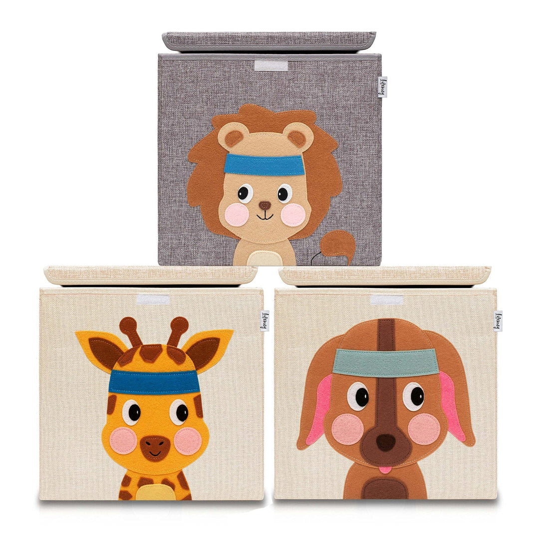 LIFENEY Aufbewahrungsbox mit Deckel im 3er Set Giraffe, Hund und Löwe I Dreierpack Spielzeugbox mit