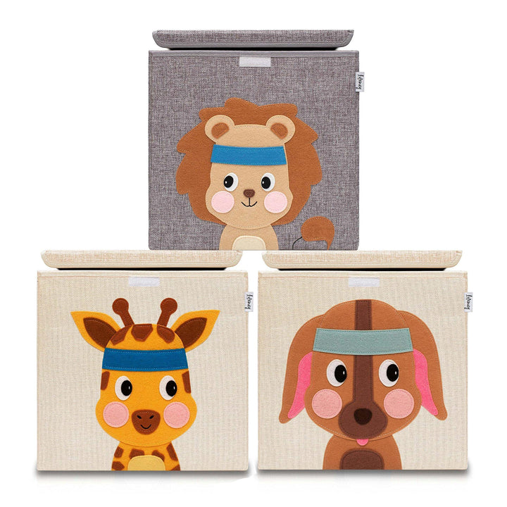 LIFENEY Aufbewahrungsbox mit Deckel im 3er Set Giraffe, Hund und Löwe I Dreierpack Spielzeugbox mit
