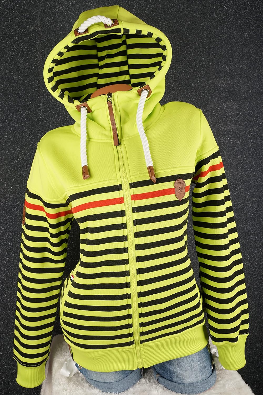 Damen Sweat Jacke Kapuze Fleece gefüttert Übergangsjacke Hoodie gestreiftes oder dünn-gestreiftes me