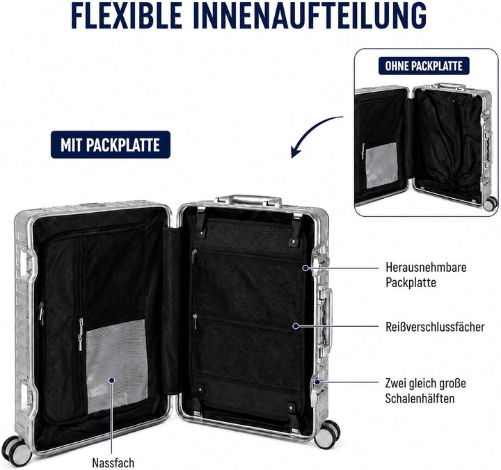 Travelhouse Tokyo 100% Aluminium Reisekoffer Silber M-66cm Hartschalenkoffer 2X TSA Zahlenschloss 4