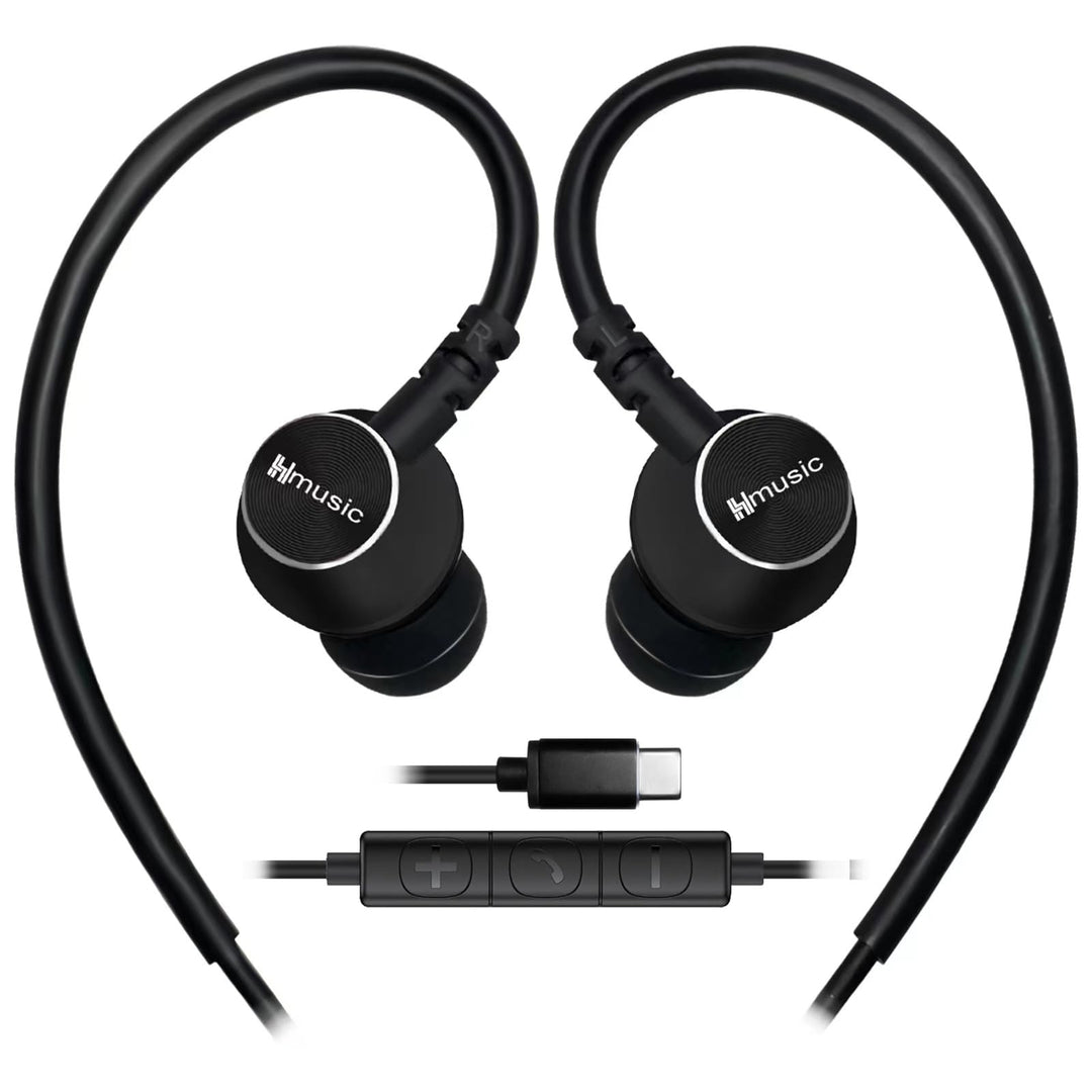 Hmusic USB-C Sport-Ohrhörer mit Over Ear Haken, Metall Muschel Ohrstöpsel | mit Mikrofon, Schaltfläc