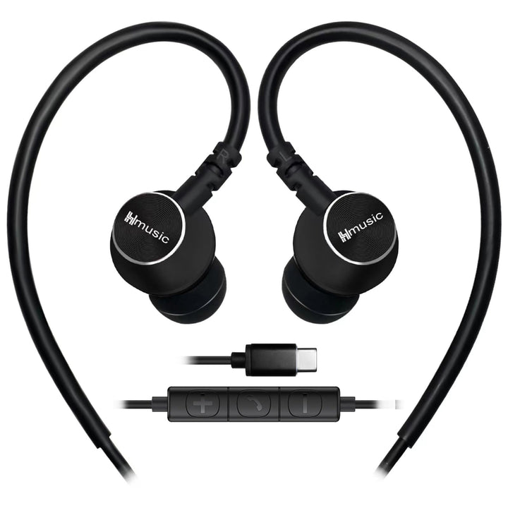 Hmusic USB-C Sport-Ohrhörer mit Over Ear Haken, Metall Muschel Ohrstöpsel | mit Mikrofon, Schaltfläc
